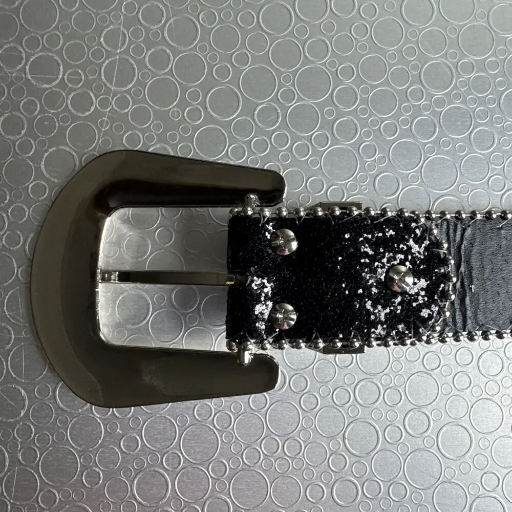 Western Rhinestone Bling Belt Large L Black Glitter Studded Y2K Cowgirl Womens